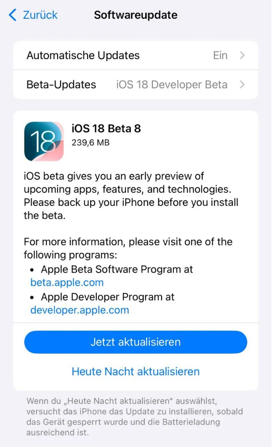 东阳苹果手机维修分享苹果 iOS / iPadOS 18 开发者预览版 Beta 8 发布 